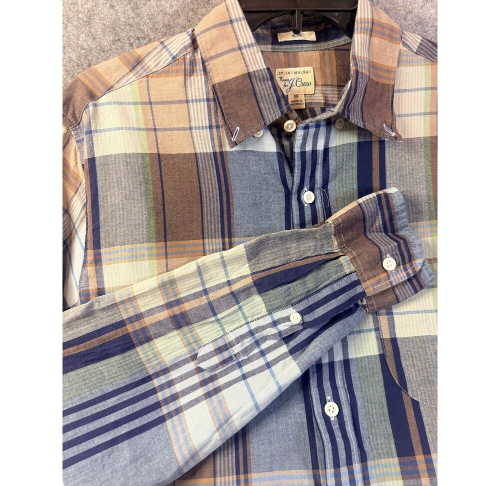 J.Crew Indian Madras Slim Plaid Button Up Shirt Men's Medium Cotton Blue Brown